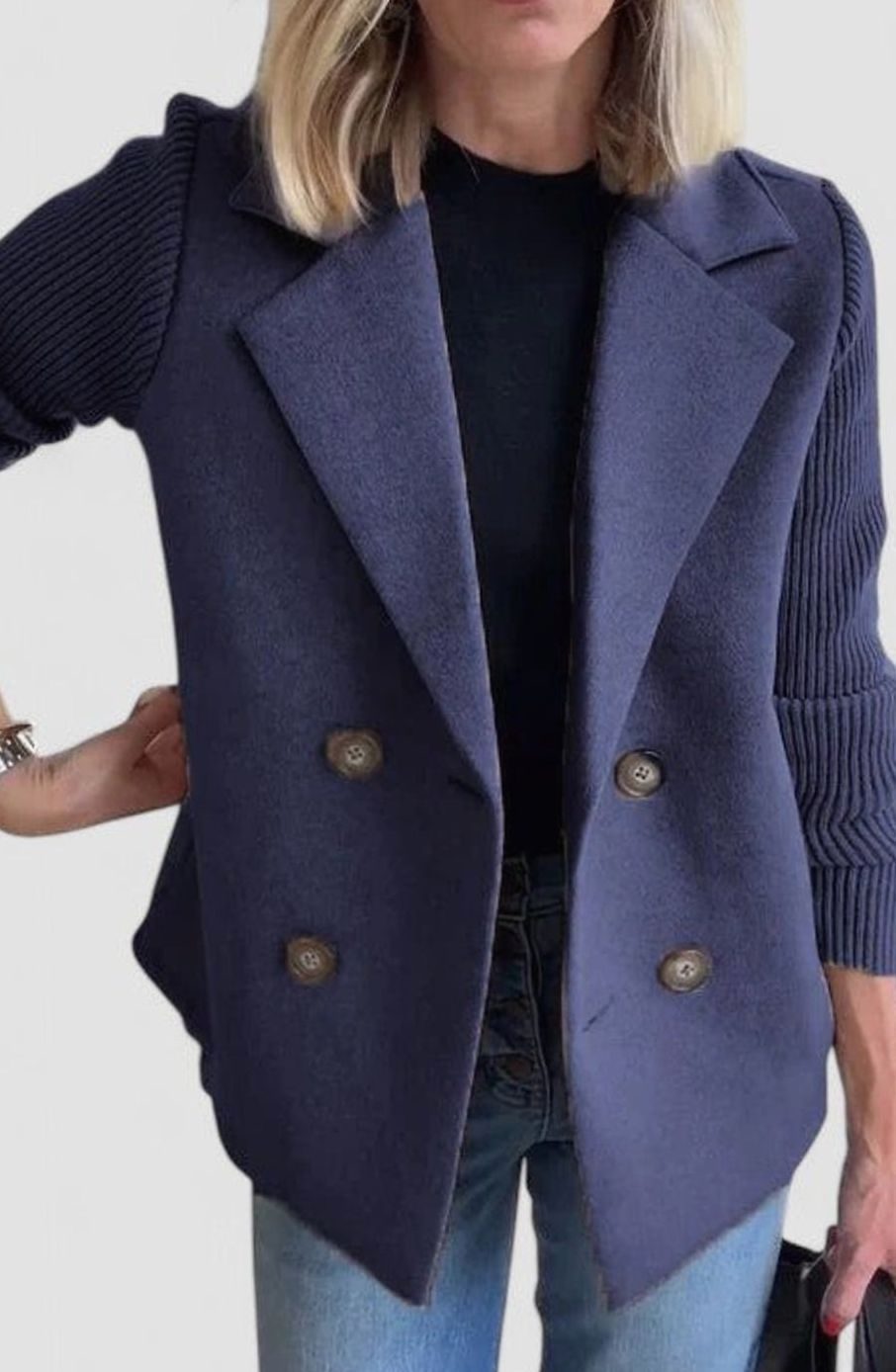 Women's Double-Breasted Knit-Sleeve Tailored Blazer