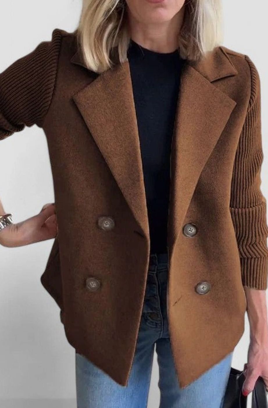 Women's Double-Breasted Knit-Sleeve Tailored Blazer