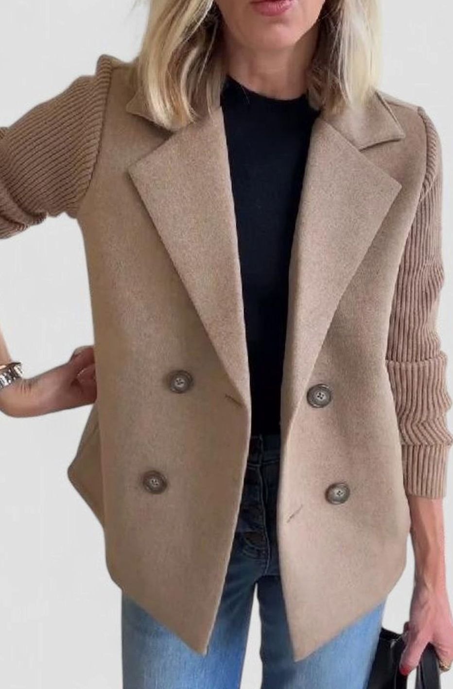 Women's Double-Breasted Knit-Sleeve Tailored Blazer