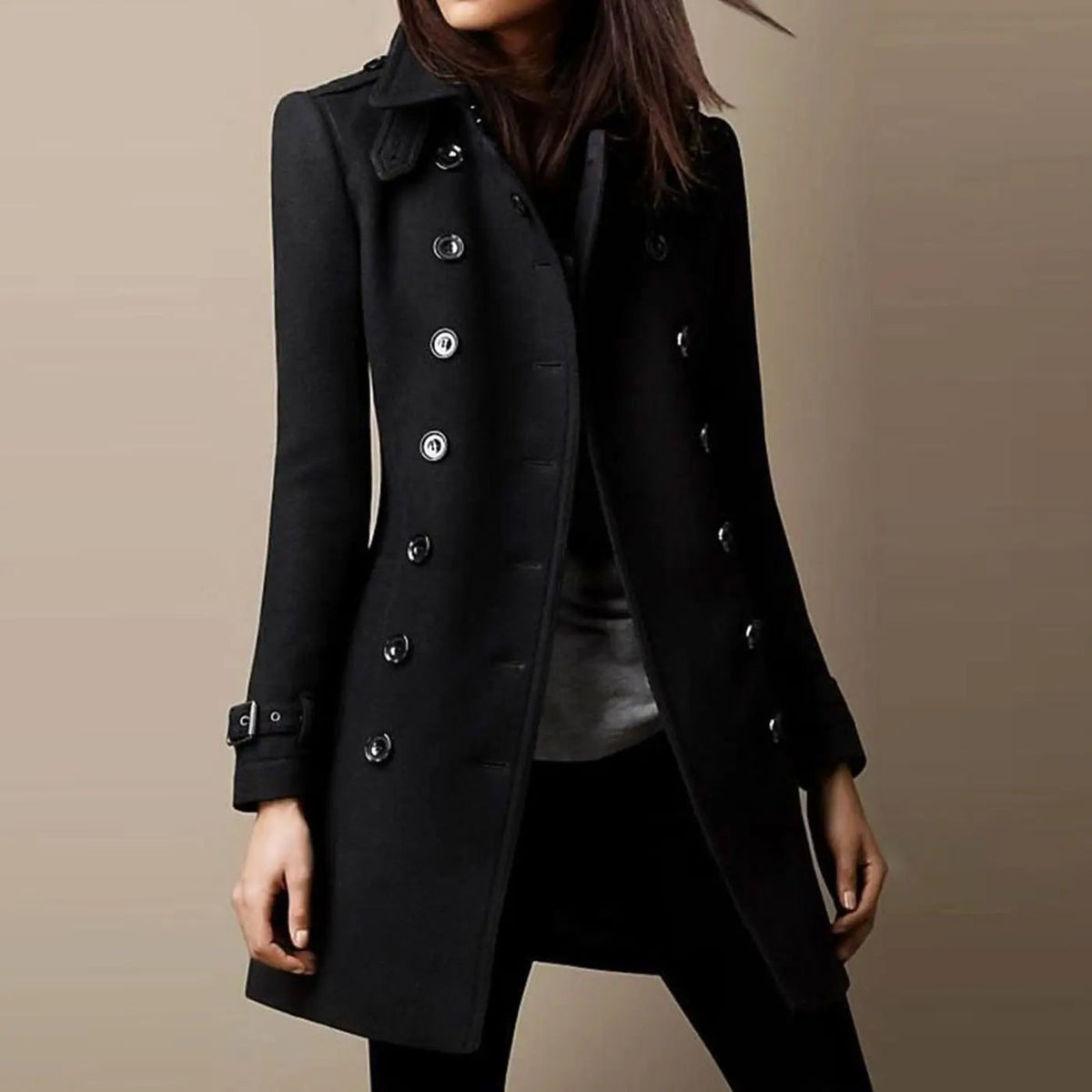 Women's Double-Breasted Mid-Length Winter Coat Notch Lapel