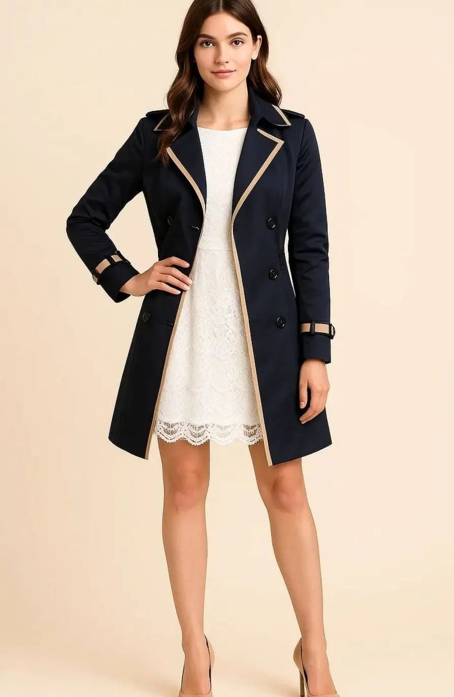 Women's Double-Breasted Short Trench Coat Black Piping
