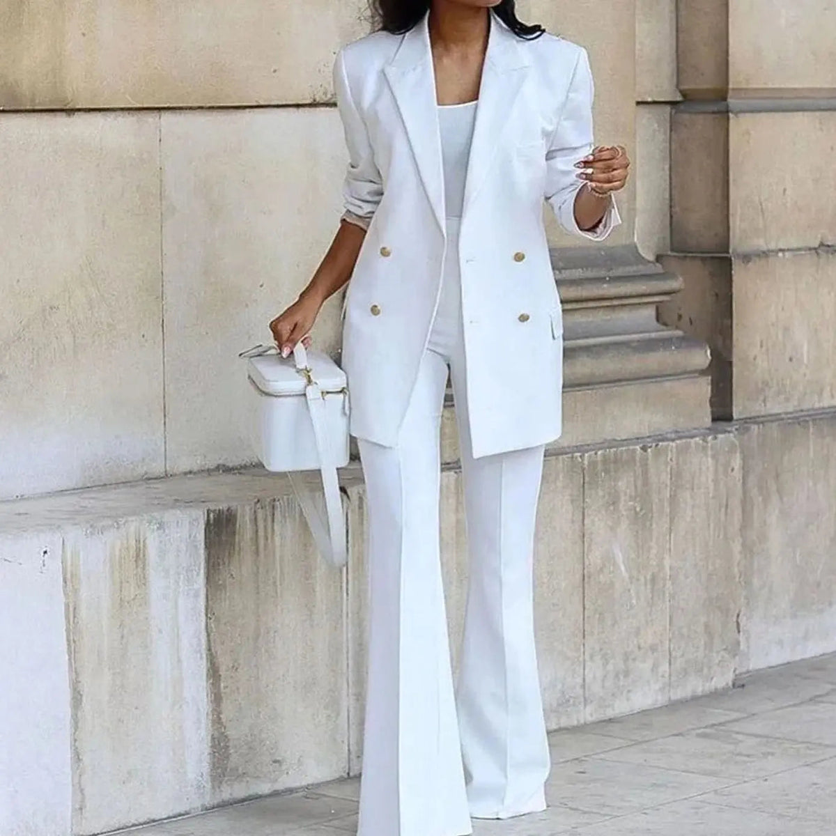 Women's Double-Breasted Tailored Blazer Flared Trouser Suit Set