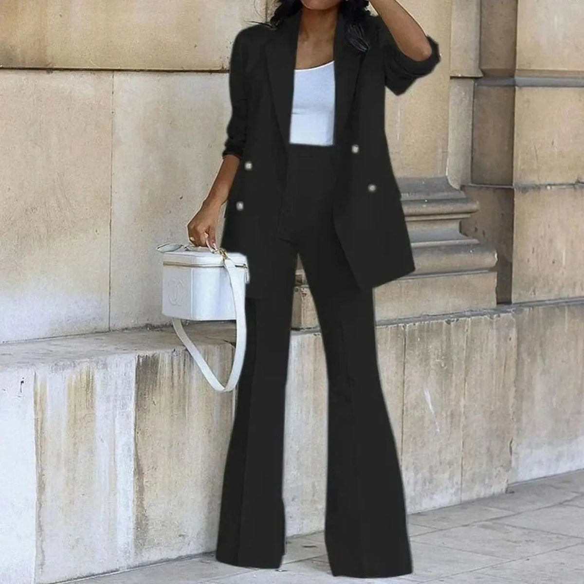 Women's Double-Breasted Tailored Blazer Flared Trouser Suit Set
