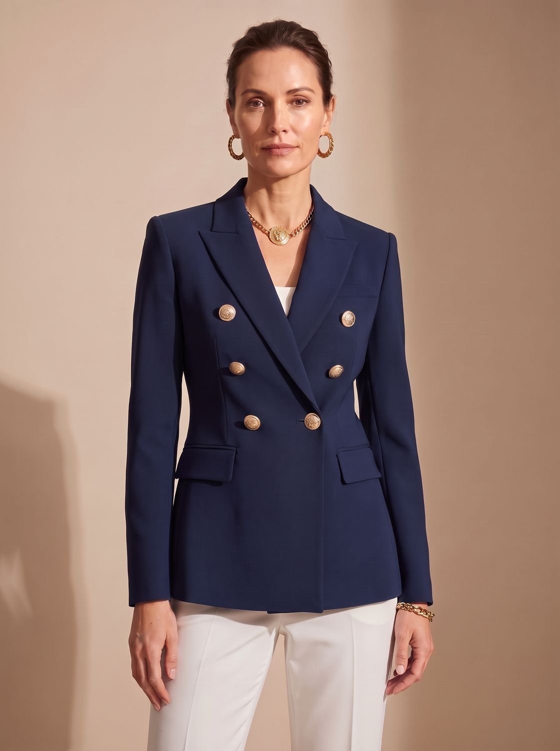 Women's Double-Breasted Tailored Blazer Gold-Tone Buttons