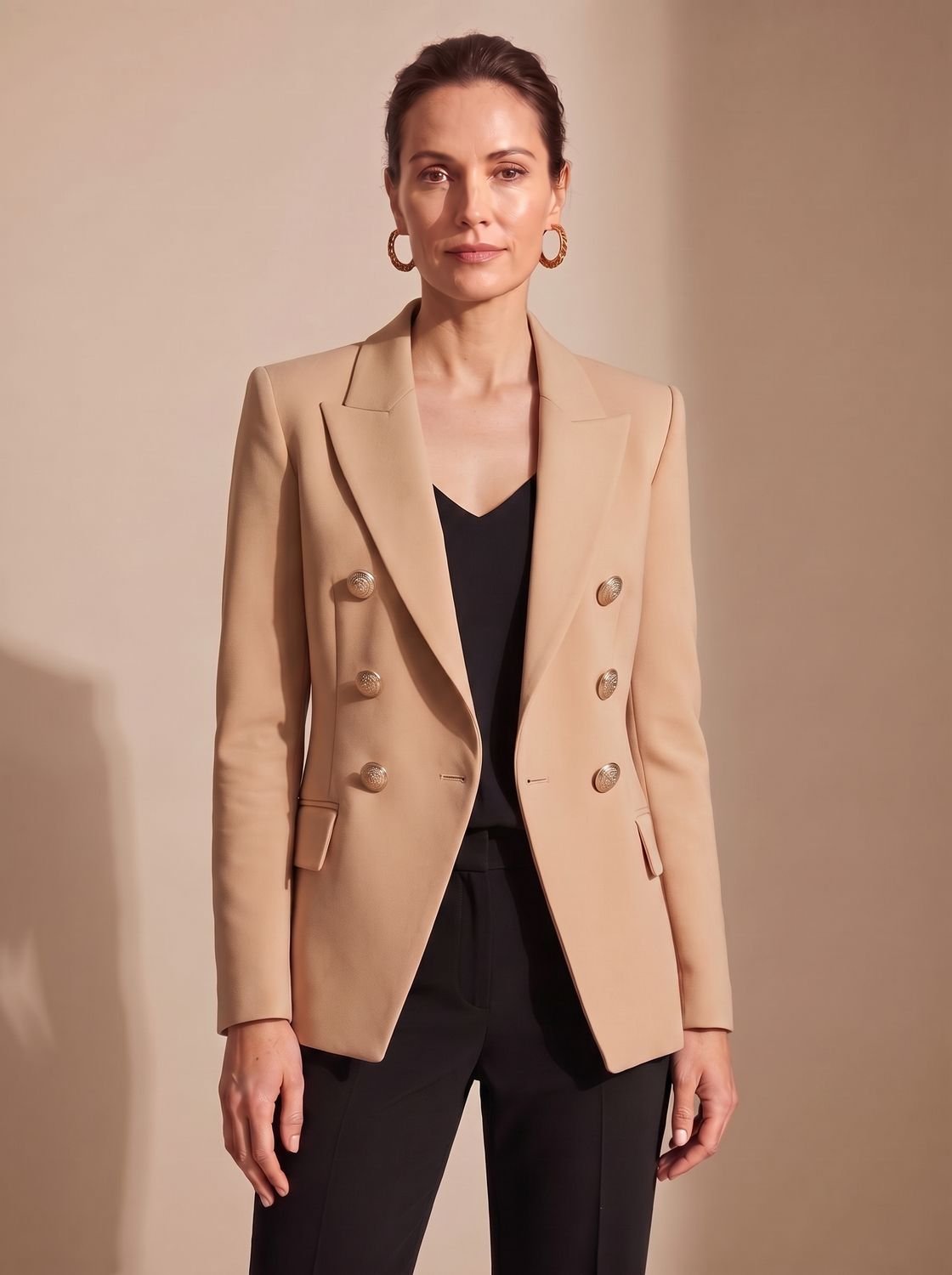 Women's Double-Breasted Tailored Blazer Gold-Tone Buttons