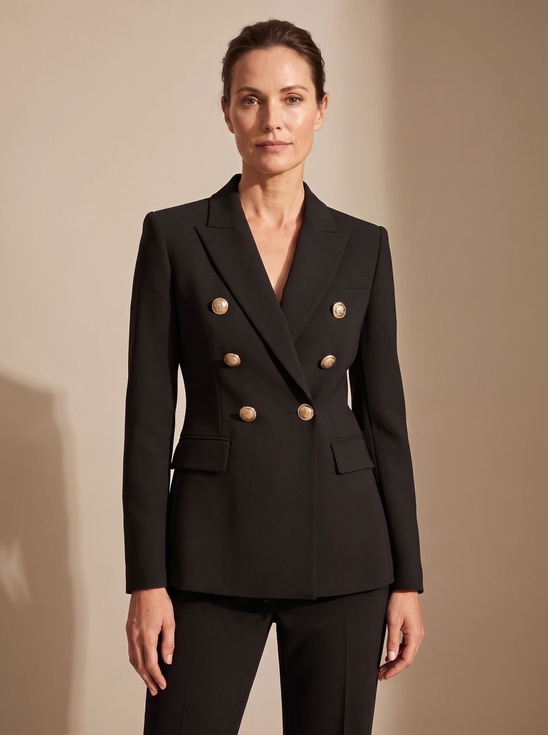 Women's Double-Breasted Tailored Blazer Gold-Tone Buttons