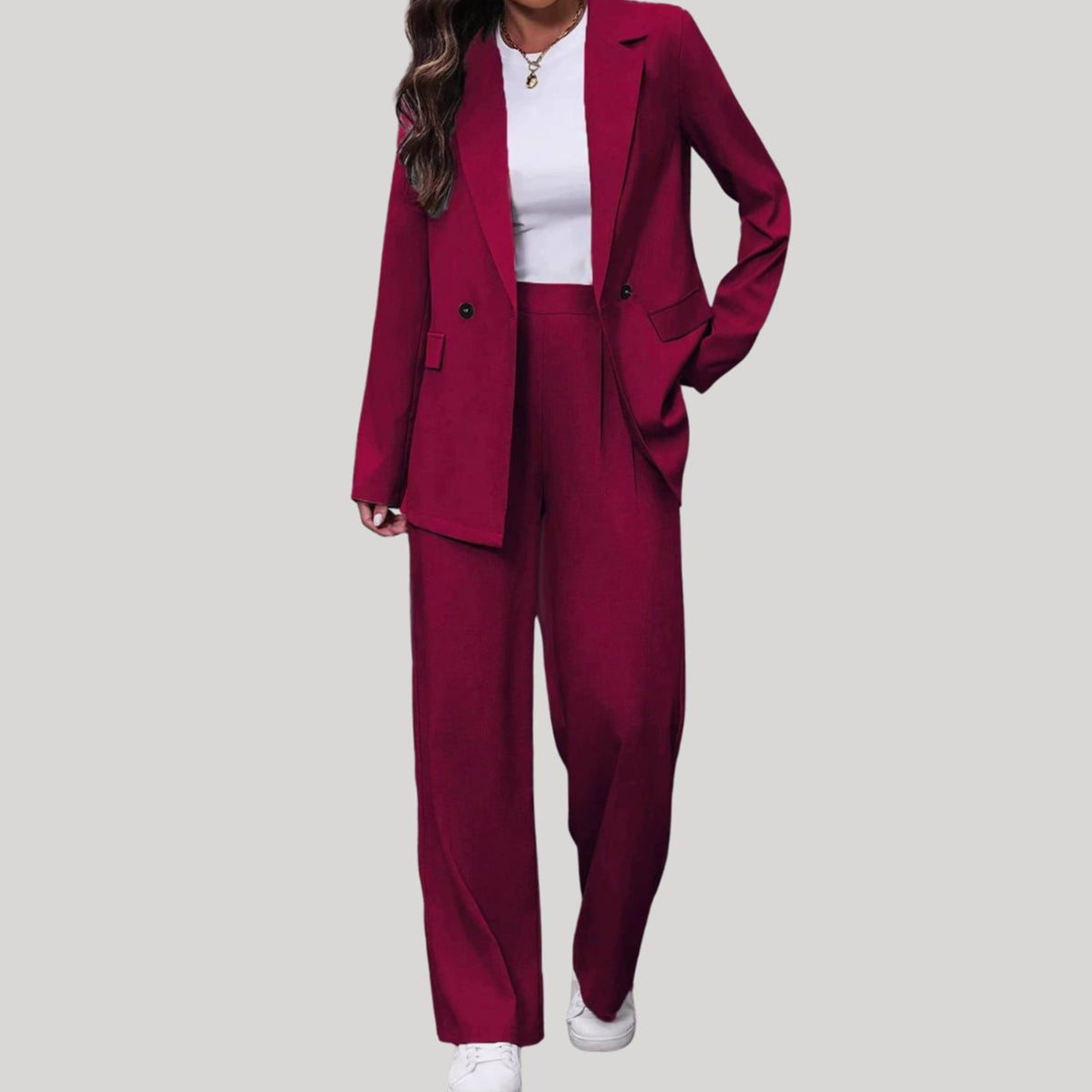 Women's Double-Breasted Tailored Wide-Leg Trouser Suit, Burgundy