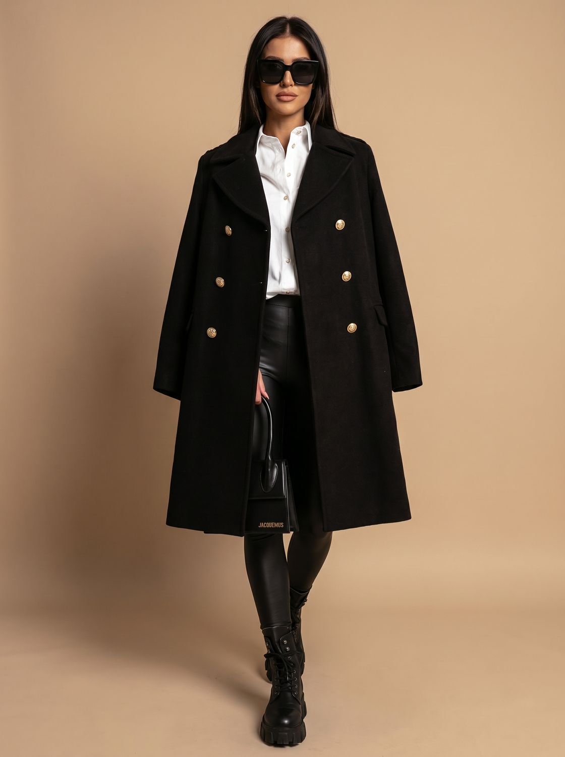 Olivia | Women's Double Breasted Wool Coat Gold Button Notch Lapel