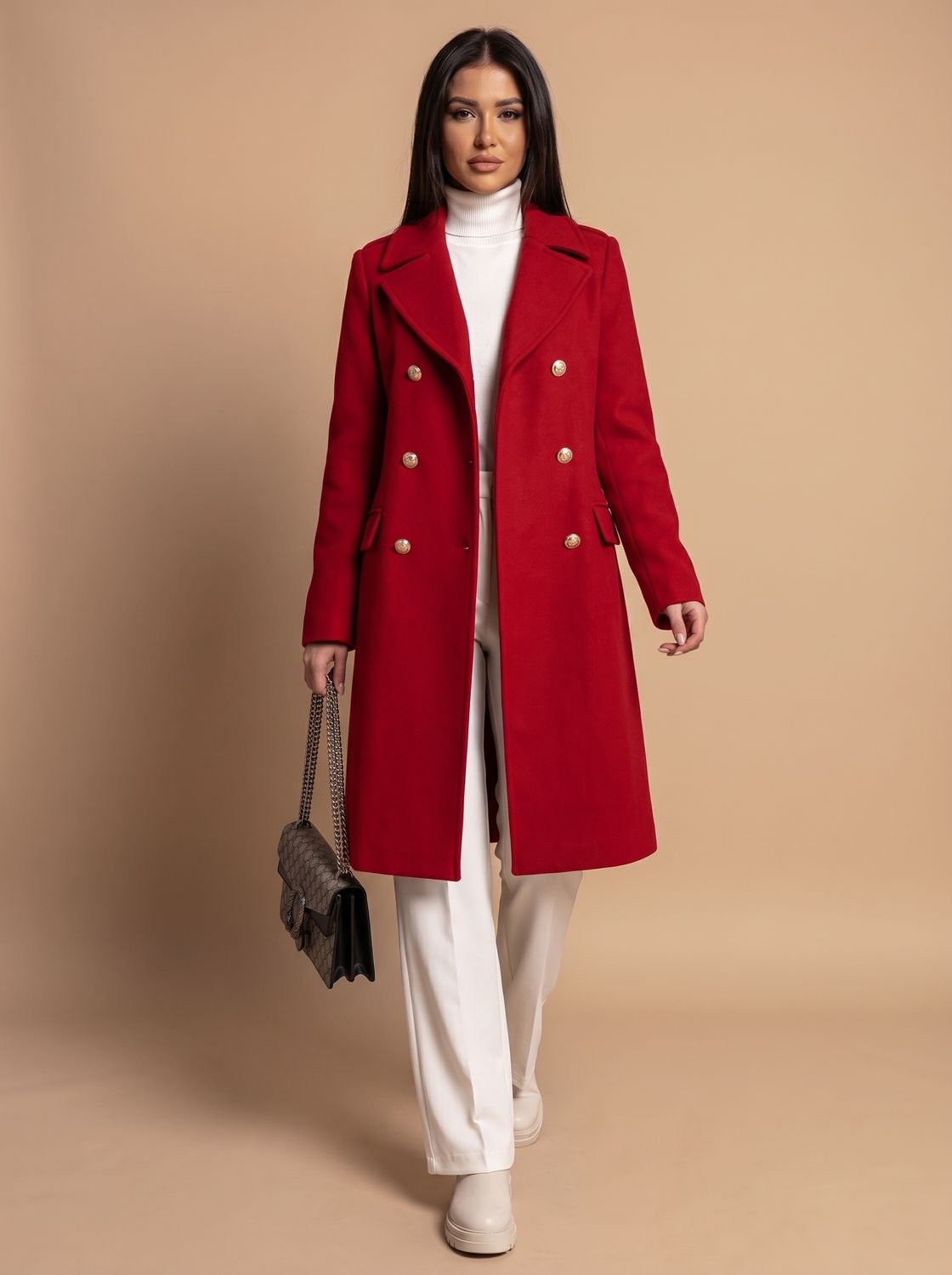 Olivia | Women's Double Breasted Wool Coat Gold Button Notch Lapel