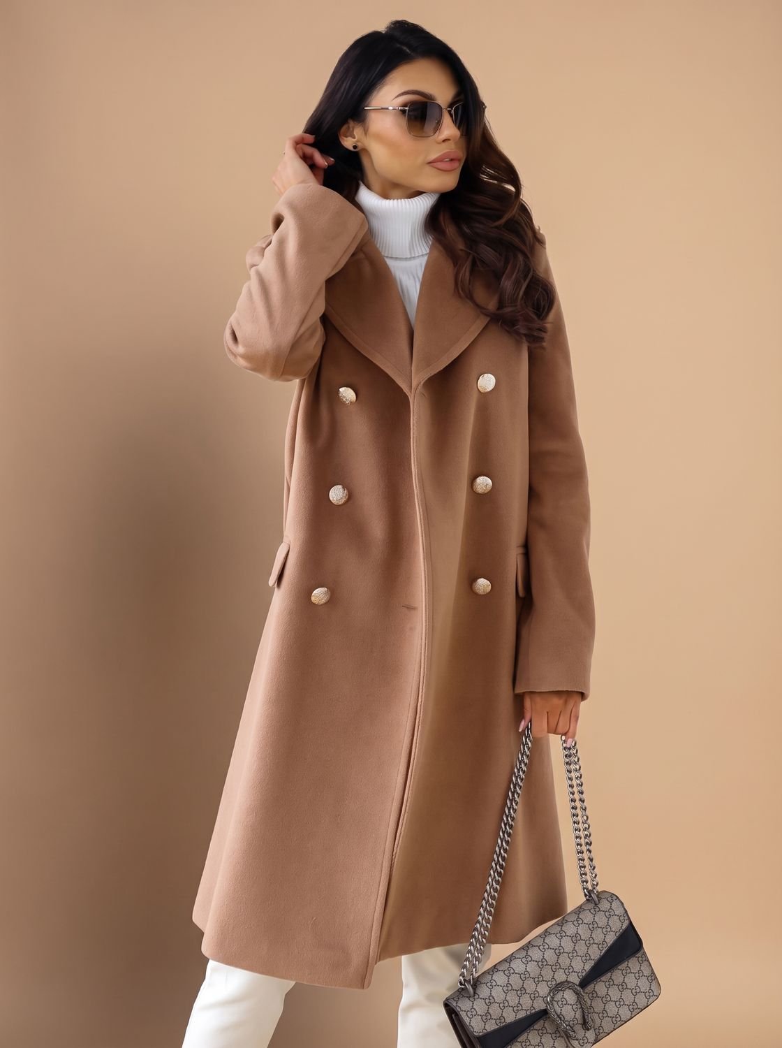 Olivia | Women's Double Breasted Wool Coat Gold Button Notch Lapel