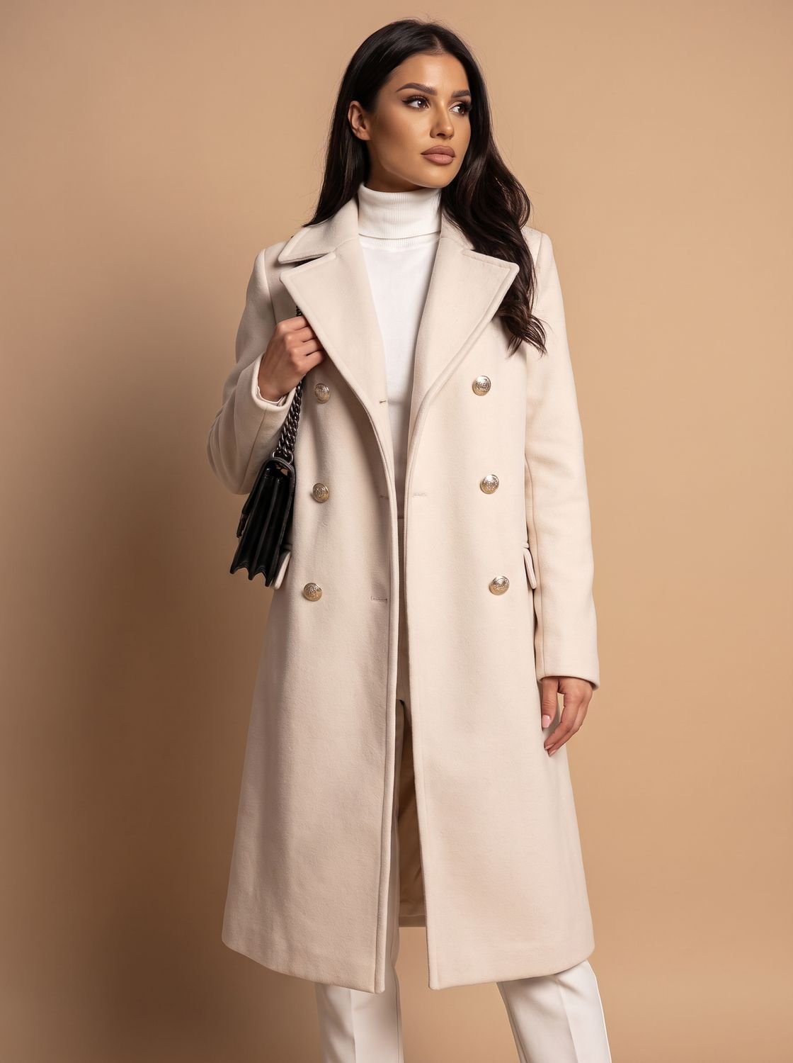Olivia | Women's Double Breasted Wool Coat Gold Button Notch Lapel