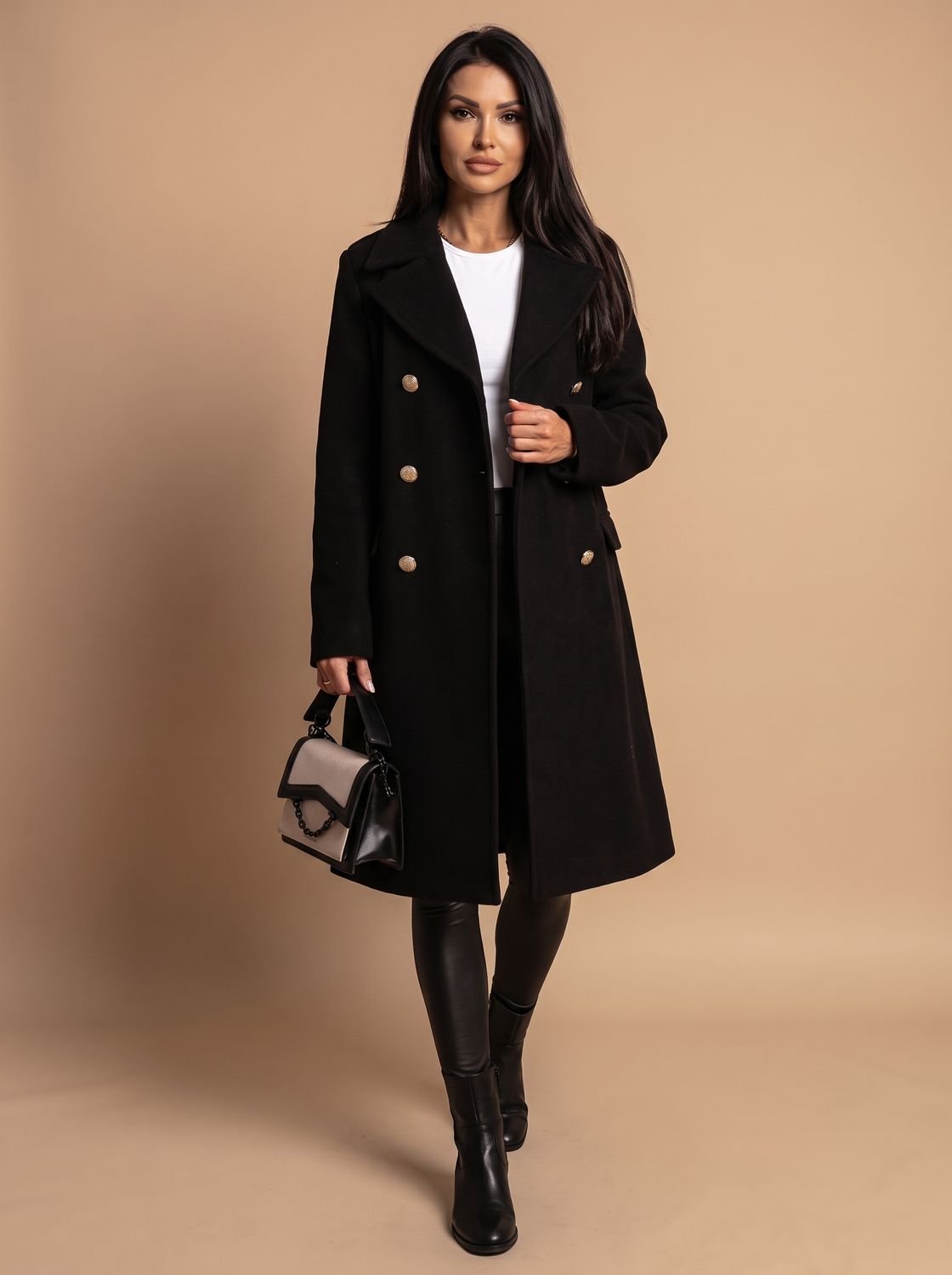 Olivia | Women's Double Breasted Wool Coat Gold Button Notch Lapel