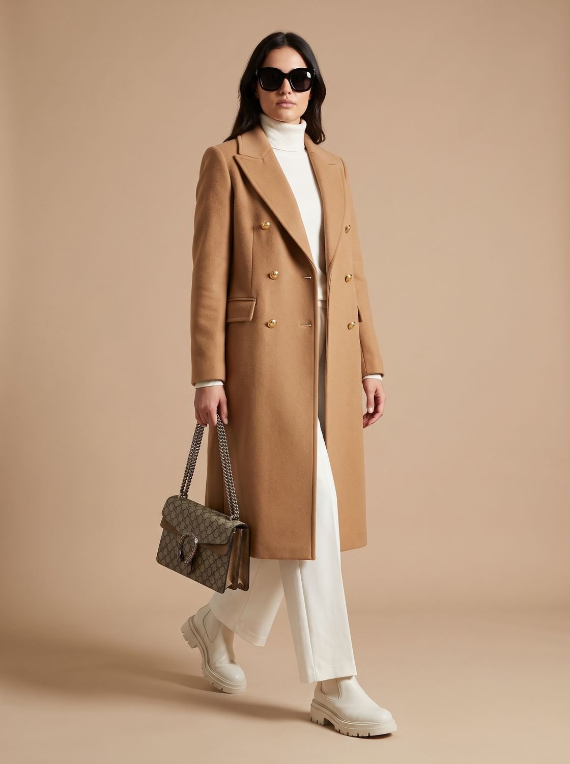 Olivia | Women's Double Breasted Wool Coat Gold Button Notch Lapel