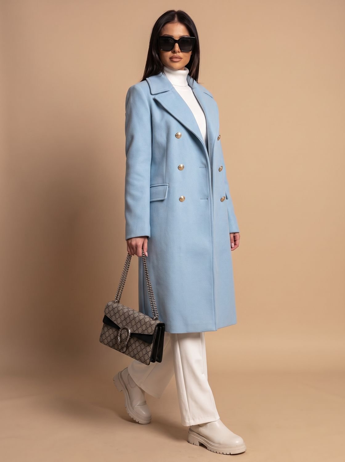Olivia | Women's Double Breasted Wool Coat Gold Button Notch Lapel