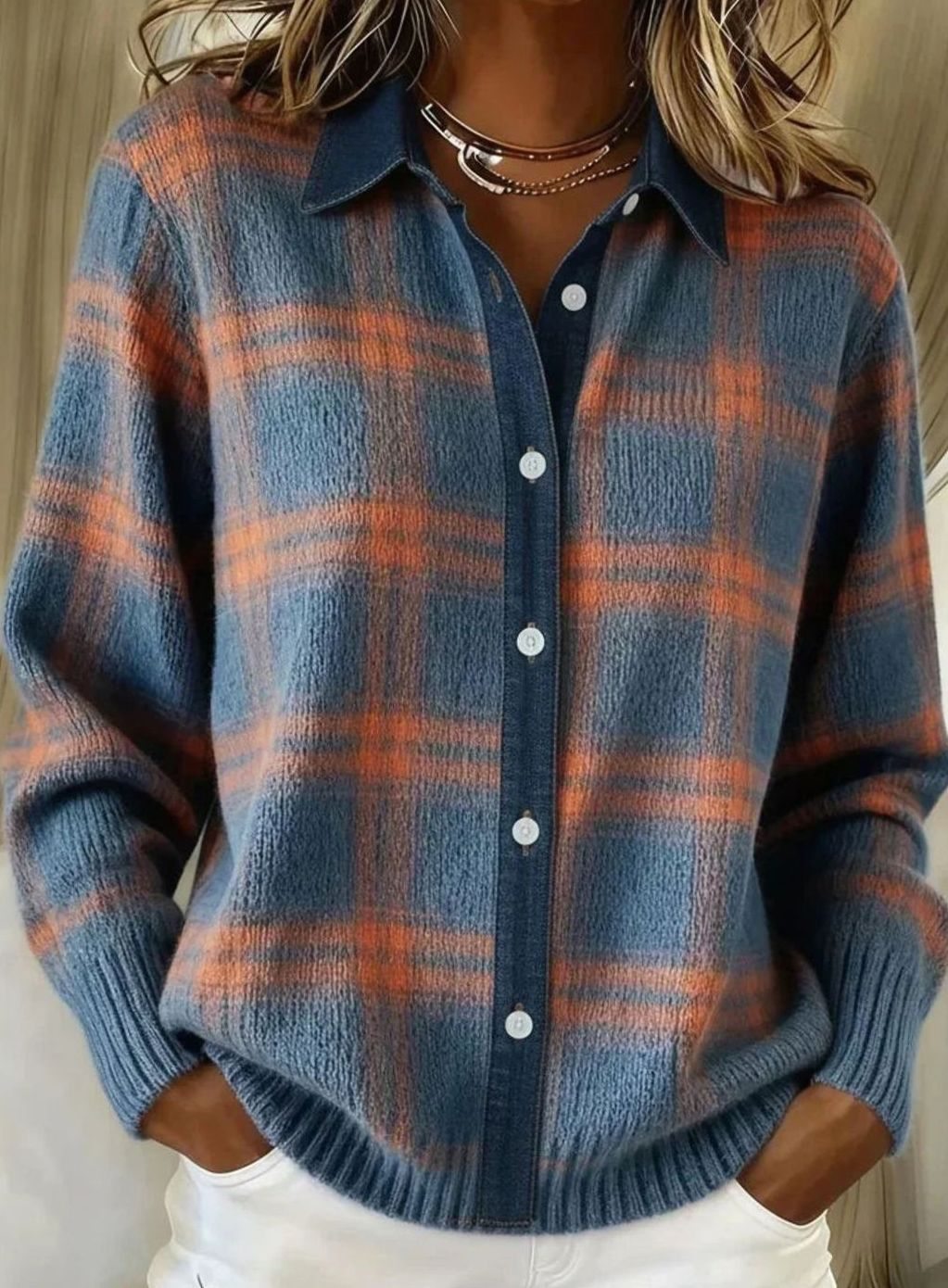 Women's Elegant Long Checked Button-Front Cardigan Sweater