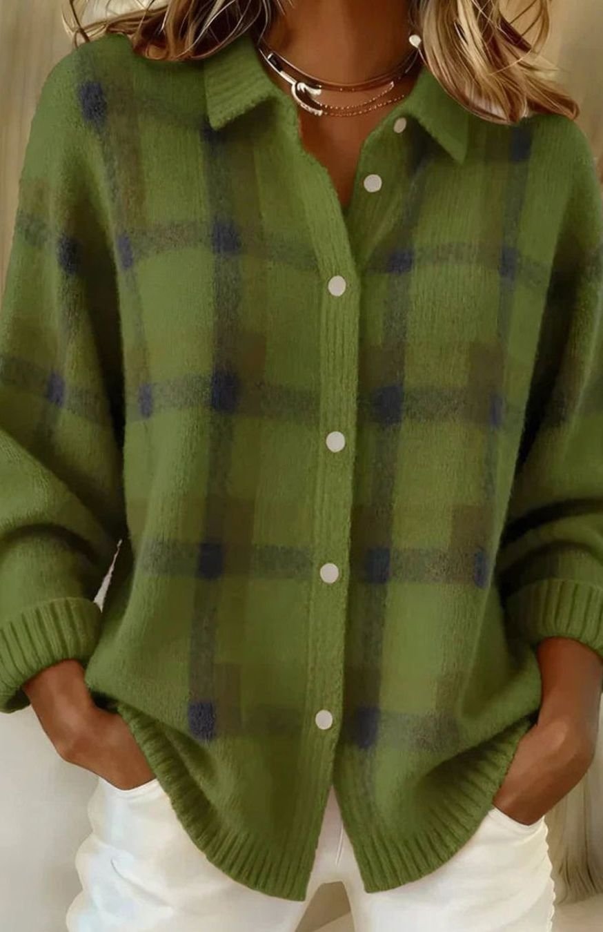 Women's Elegant Long Checked Button-Front Cardigan Sweater