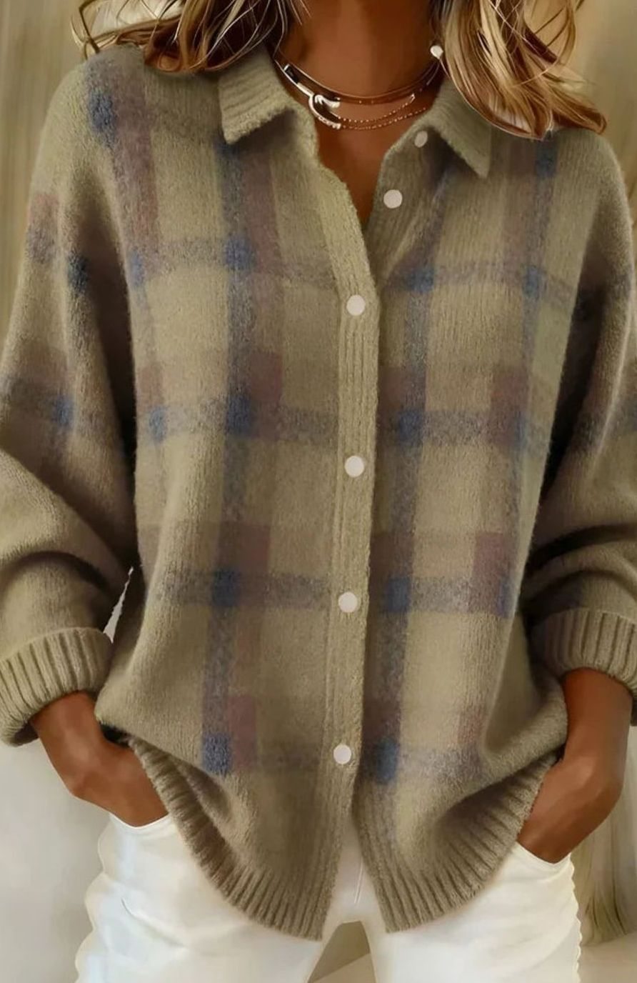 Women's Elegant Long Checked Button-Front Cardigan Sweater