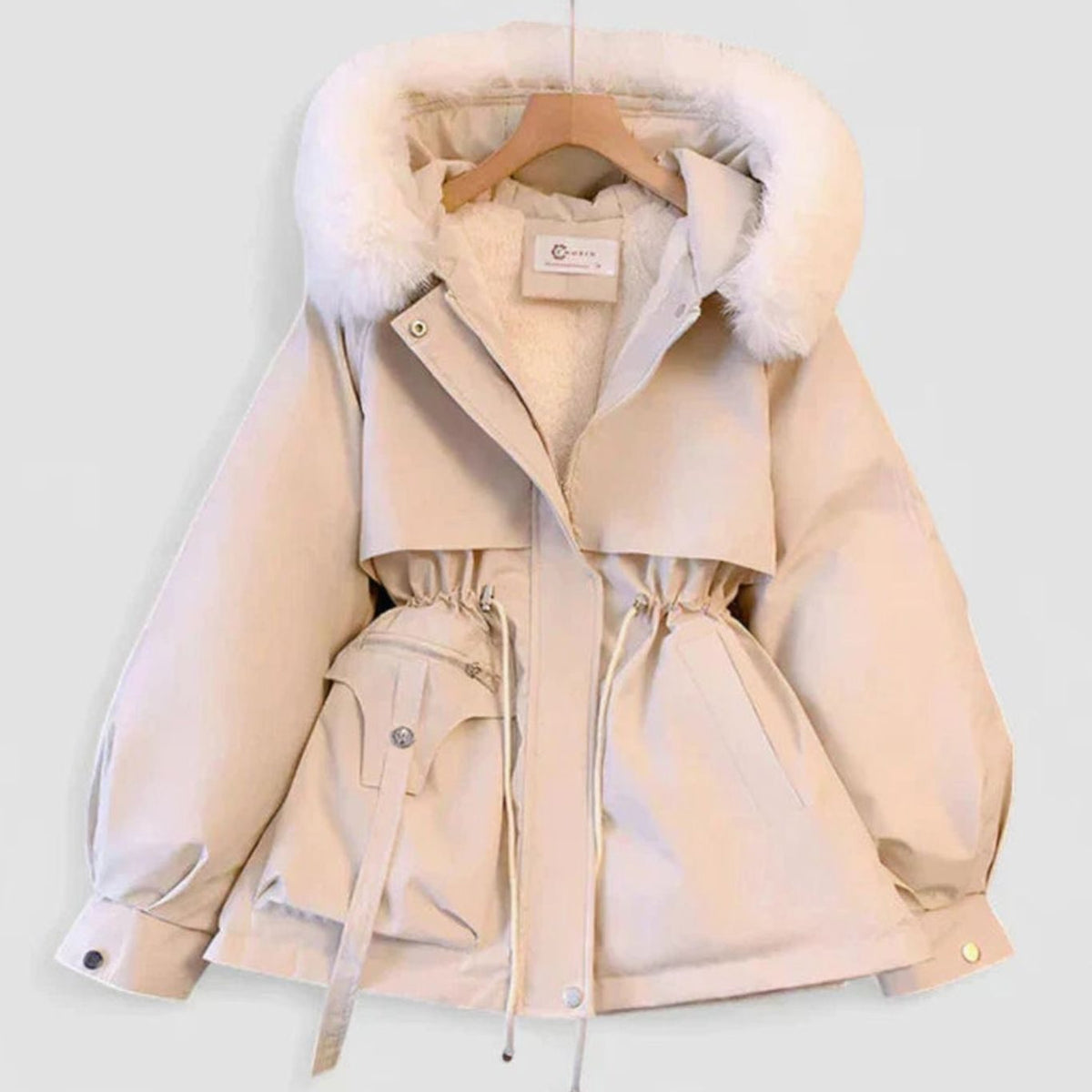 Women's Elegant Padded Winter Jacket Faux Fur Hood Drawstring Waist