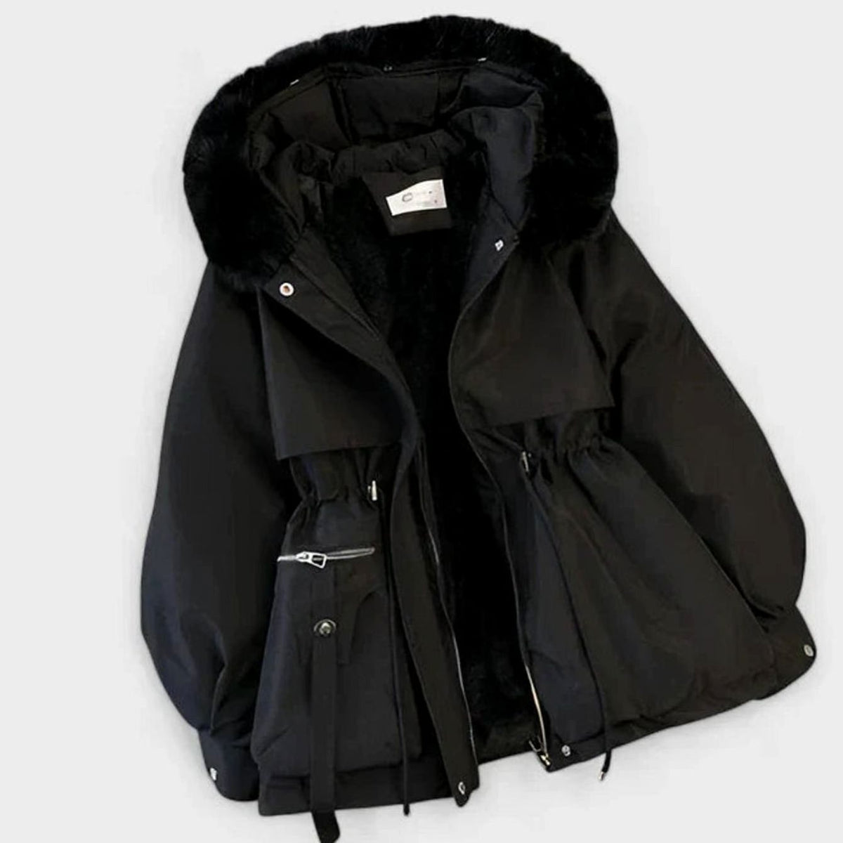 Women's Elegant Padded Winter Jacket Faux Fur Hood Drawstring Waist