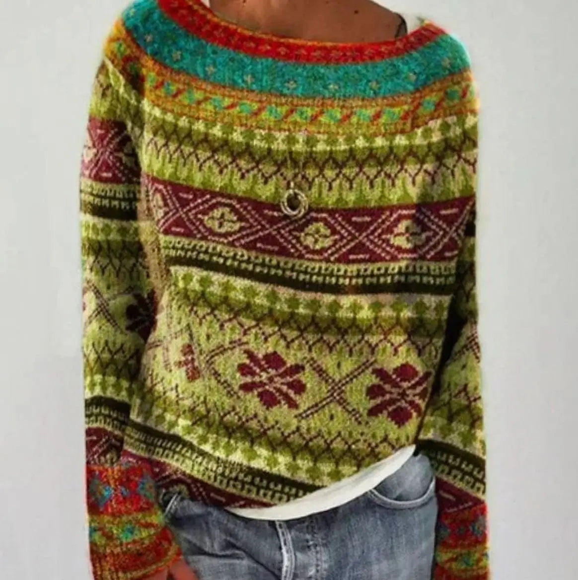 Women's Fair Isle Crew Neck Long Sleeve Knit Sweater