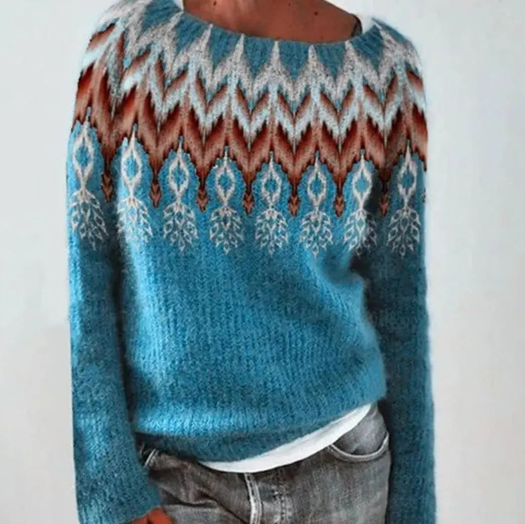Women's Fair Isle Crew Neck Long Sleeve Knit Sweater