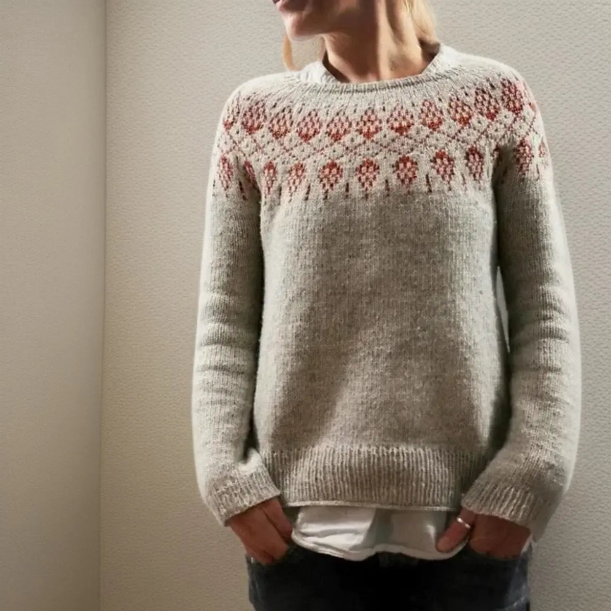 Women's Fair Isle Icelandic Knit Sweater Relaxed Crew Neck Jumper