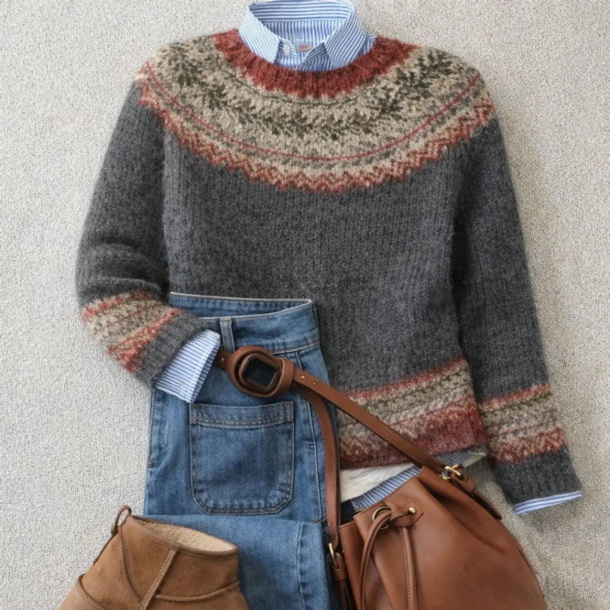 Women's Fair Isle Nordic Knit Relaxed Crew Neck Sweater