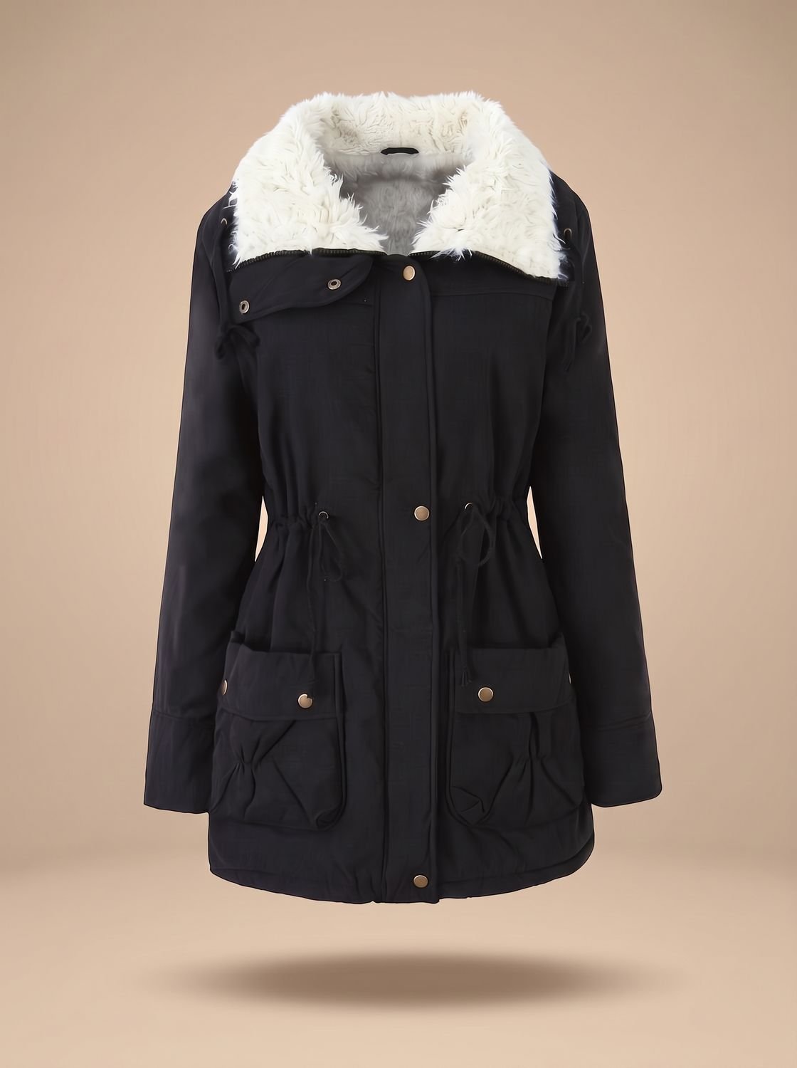 Women's Faux-Fur Collar Drawstring-Waist Mid-Length Winter Parka