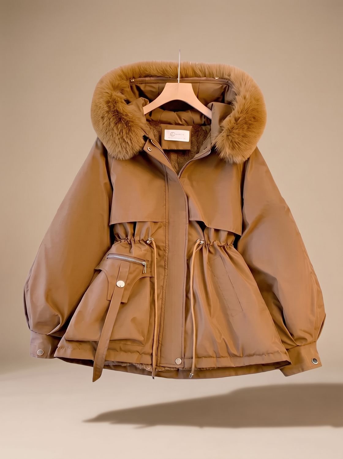 Women's Faux-Fur Hooded Drawstring Cinched-Waist Puffer Jacket