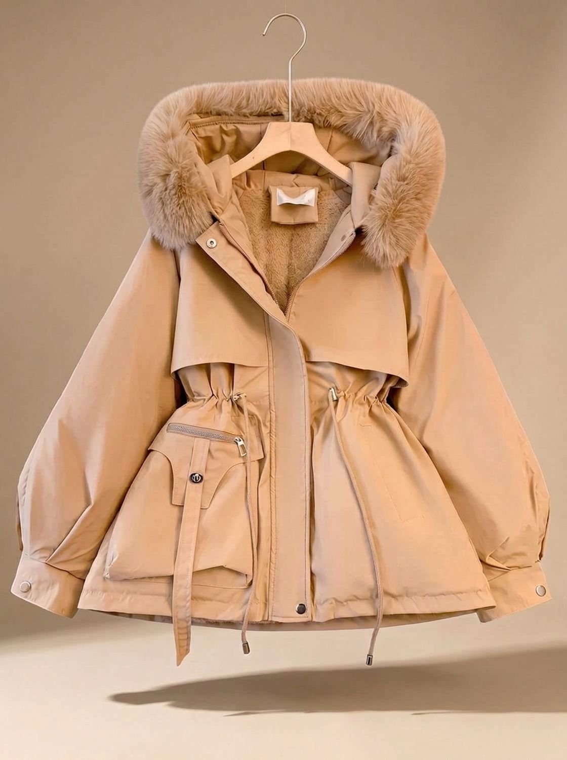 Women's Faux-Fur Hooded Drawstring Cinched-Waist Puffer Jacket