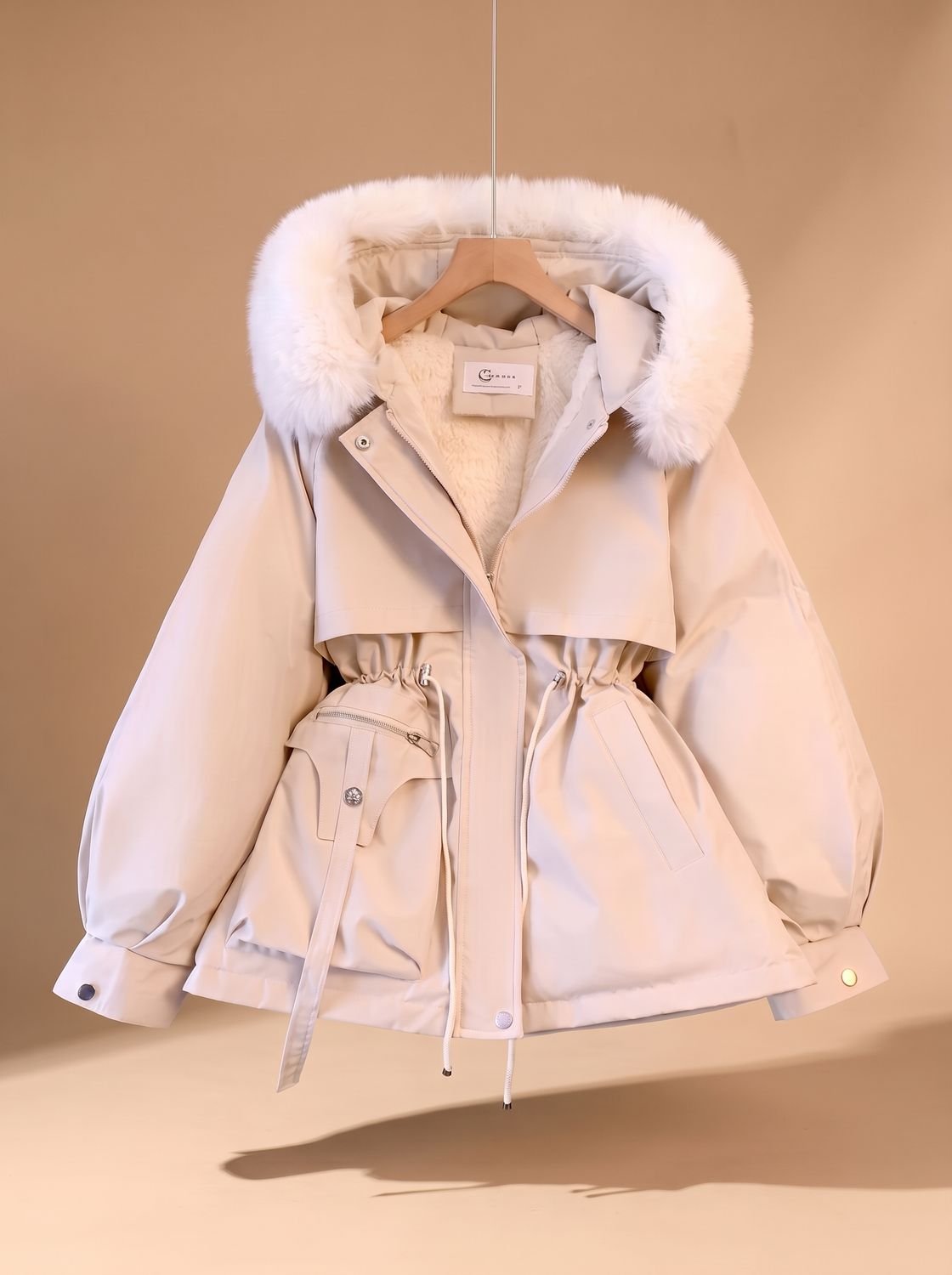 Women's Faux-Fur Hooded Drawstring Cinched-Waist Puffer Jacket