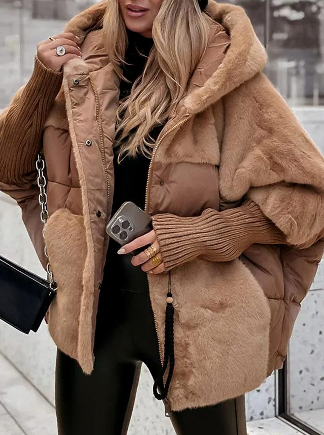 Women's Faux Fur Hooded Quilted Puffer Winter Jacket