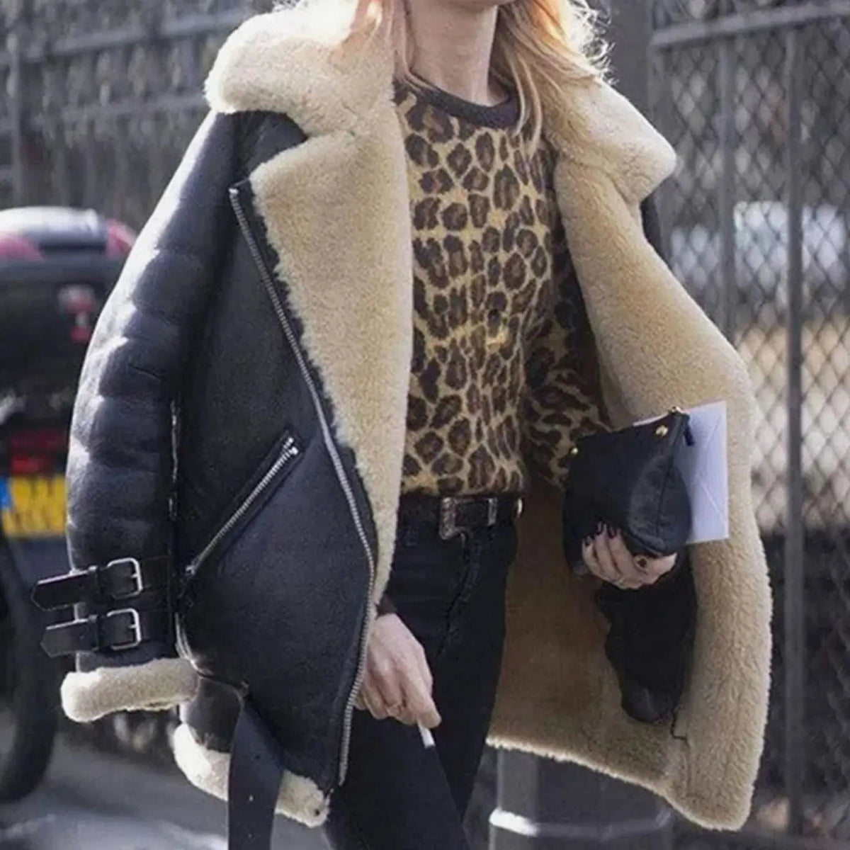 Women's Faux Fur Lined Suede Oversized Moto Jacket