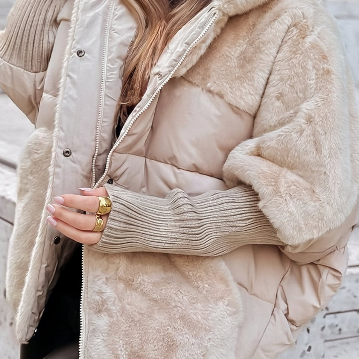 Women's Faux-Fur Panel Quilted Plush Hooded Coat