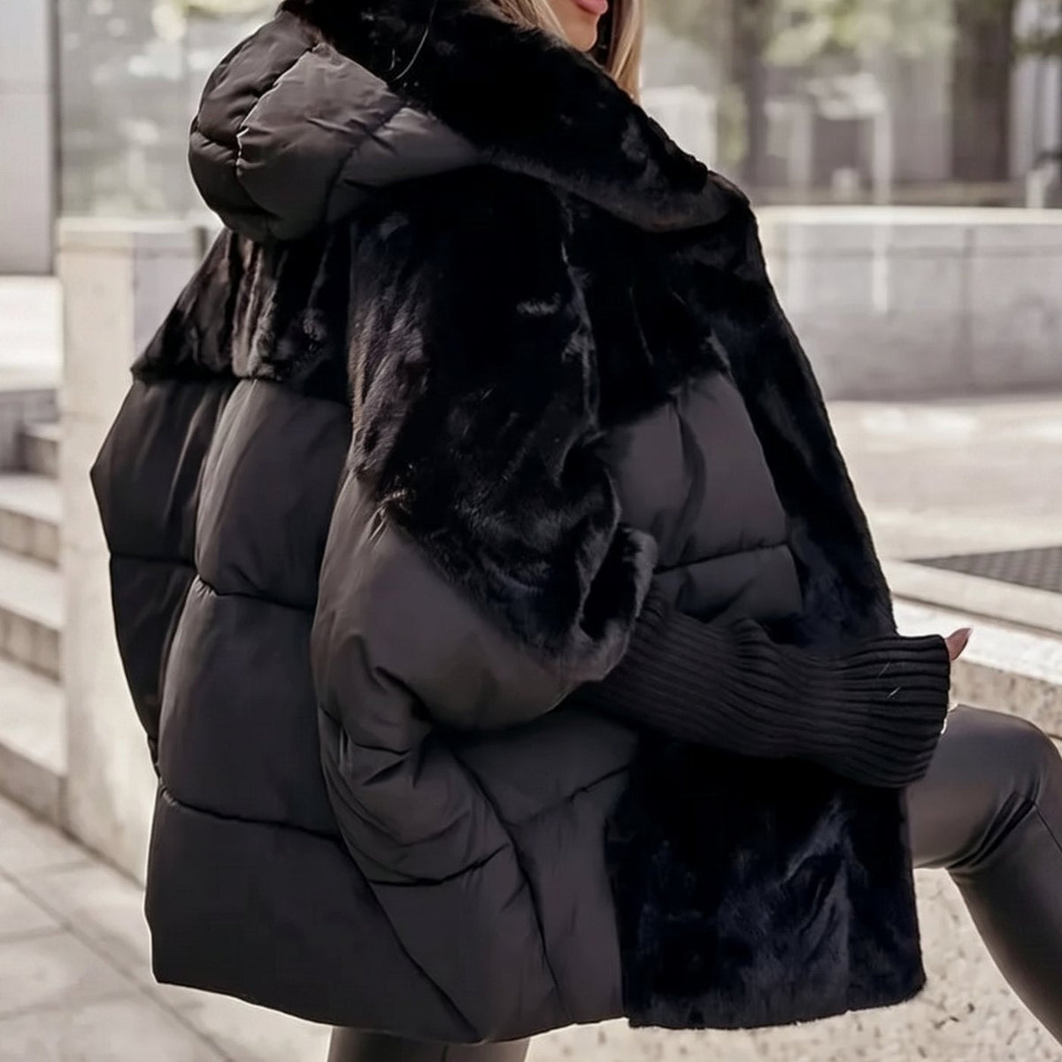 Women's Faux-Fur Panel Quilted Plush Hooded Coat