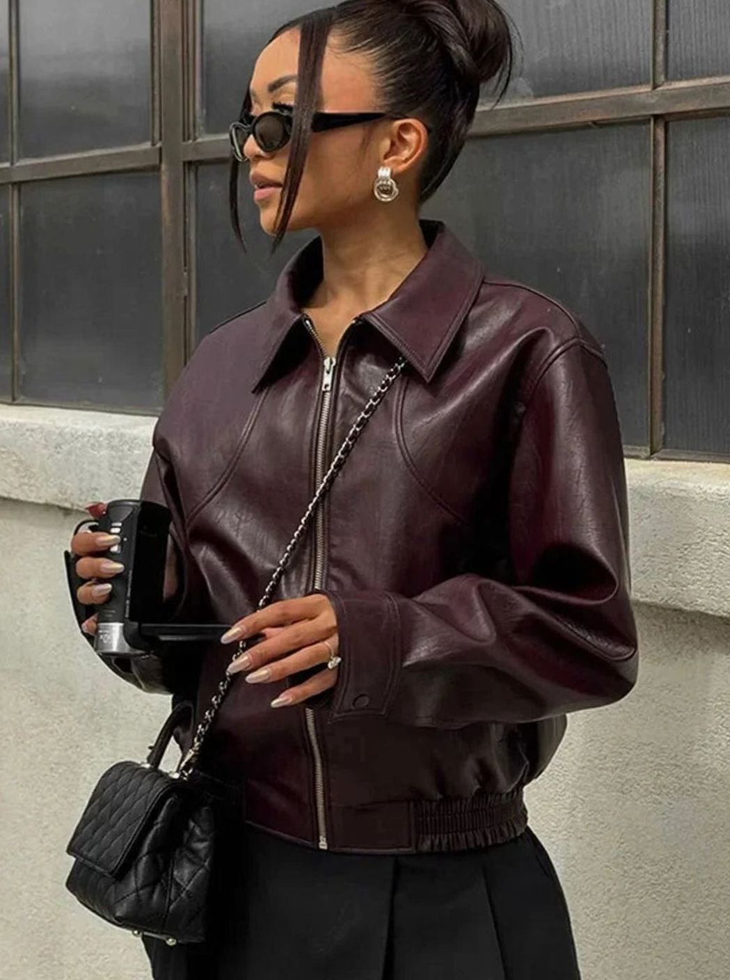 Women's Faux Leather Zip-Up Bomber Jacket Elasticated Hem