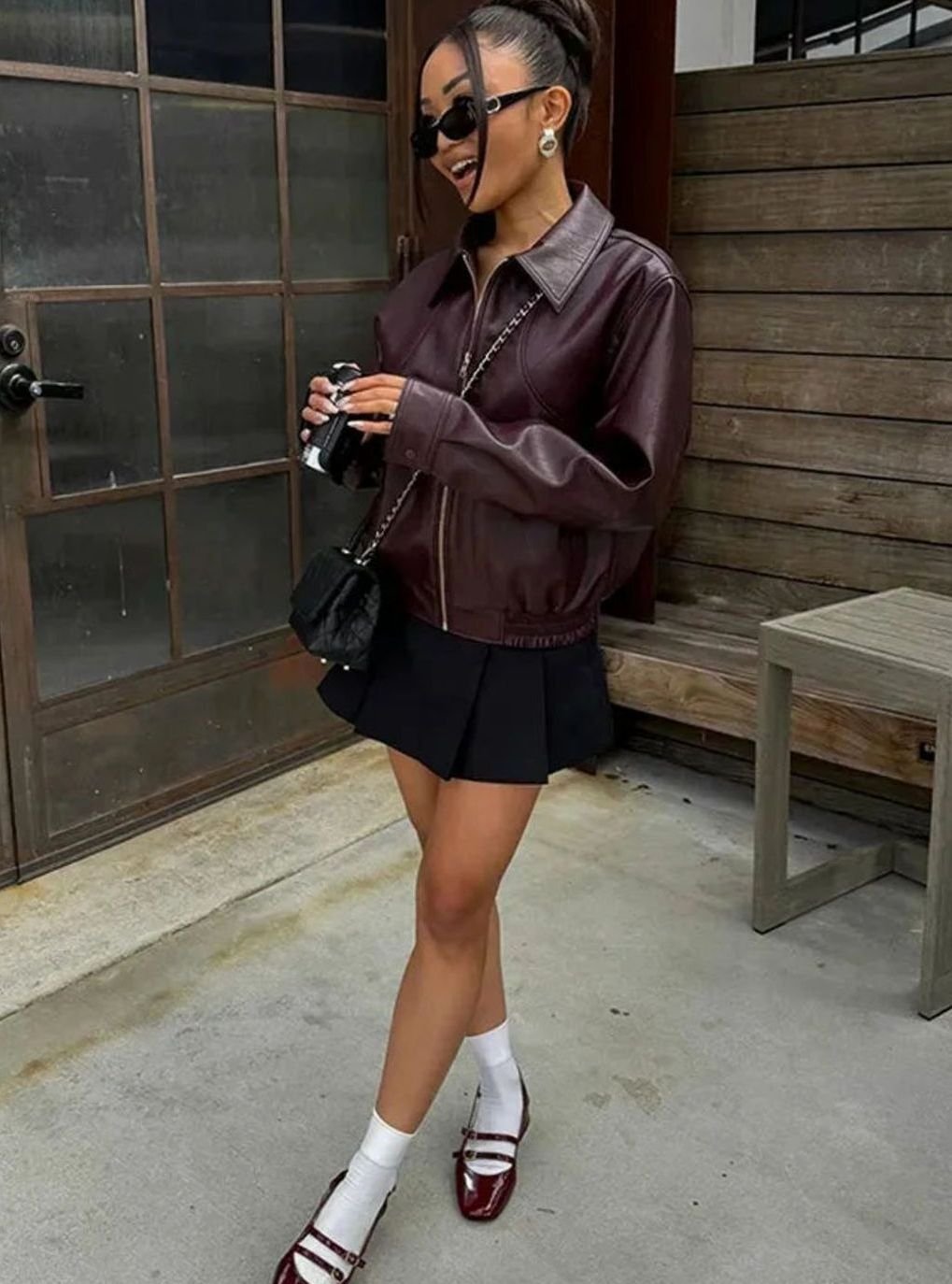 Women's Faux Leather Zip-Up Bomber Jacket Elasticated Hem