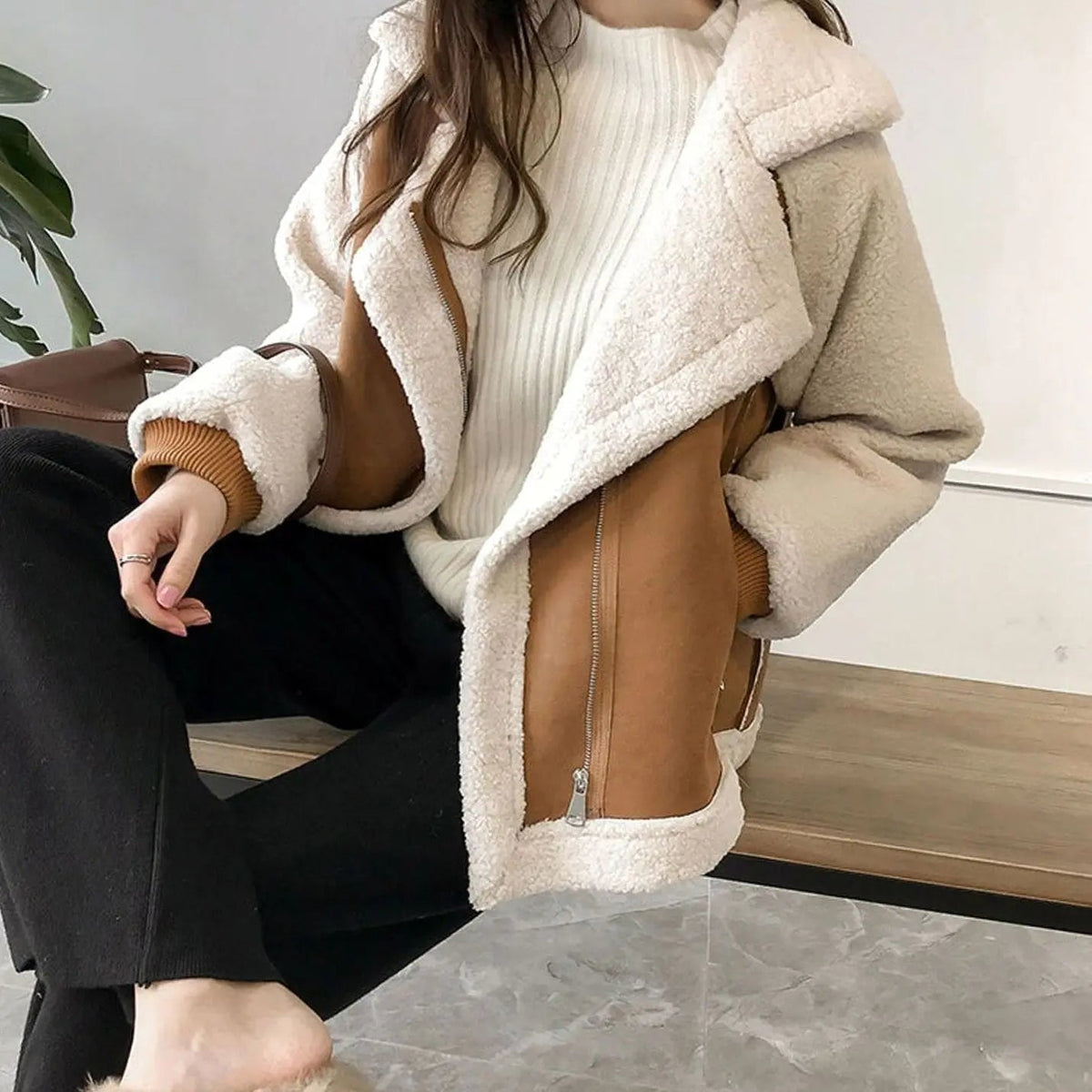 Women's Faux Shearling Relaxed-Fit Zip-Up Oversized Coat