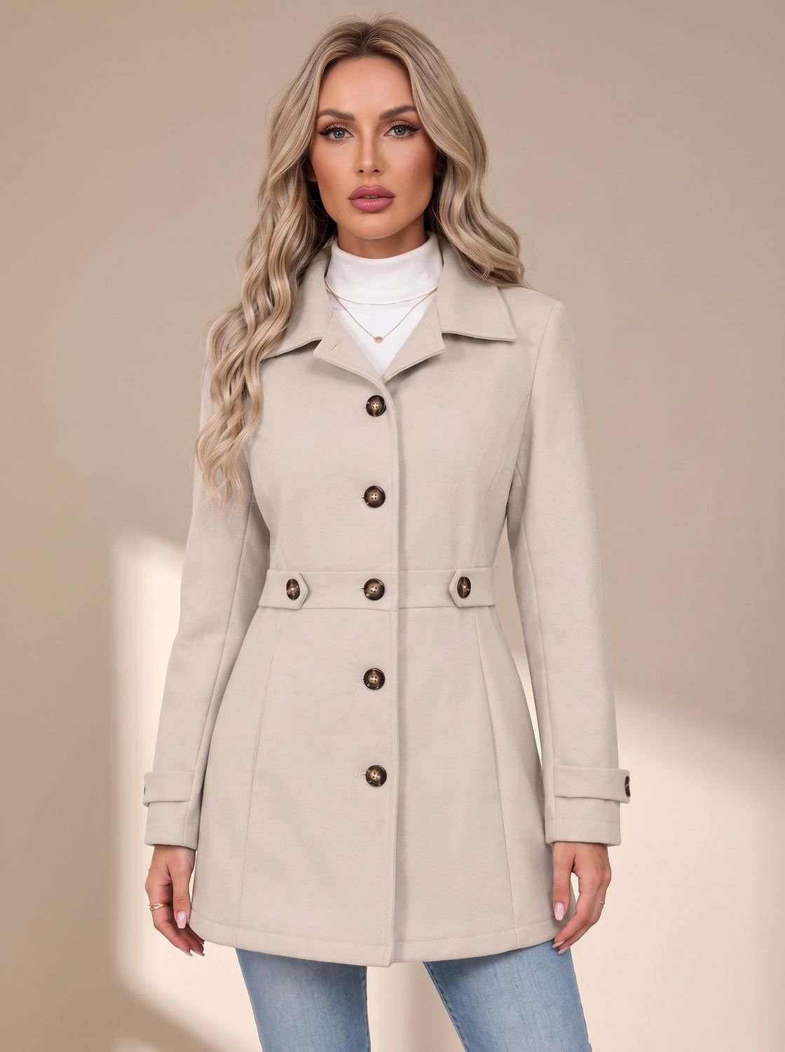 Mia | Women's Fitted Wool Coat Ladies Overcoat Button Front Defined Waist