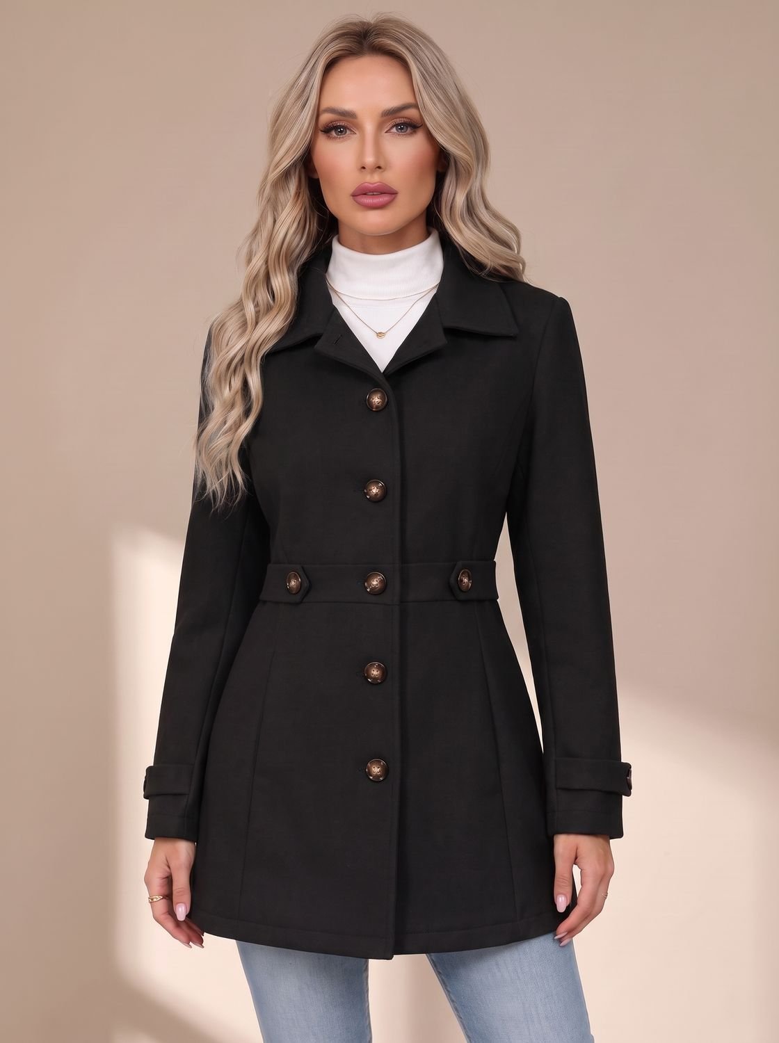 Mia | Women's Fitted Wool Coat Ladies Overcoat Button Front Defined Waist