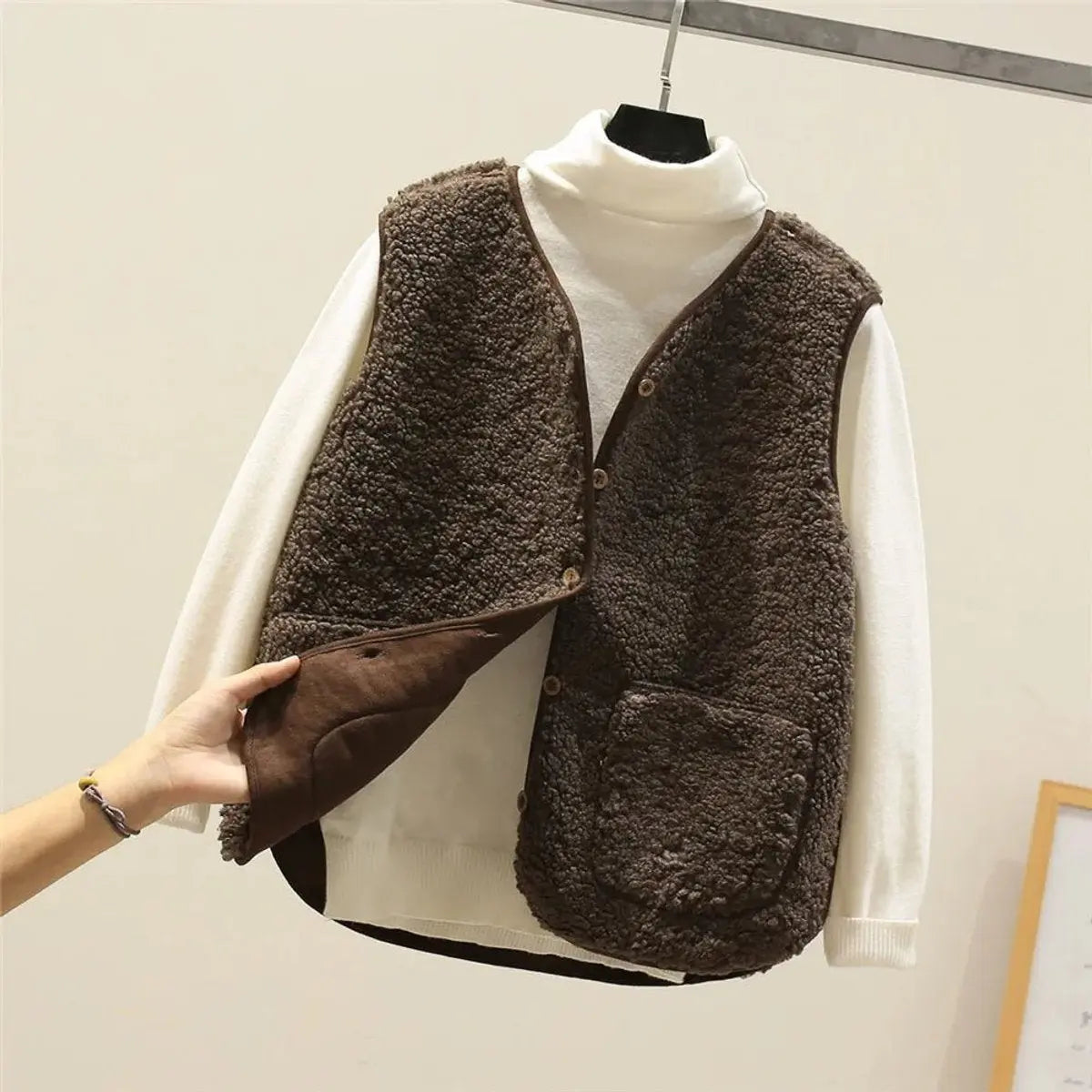 Women's Fleece Puffer Vest Button-Up Sherpa Gilet