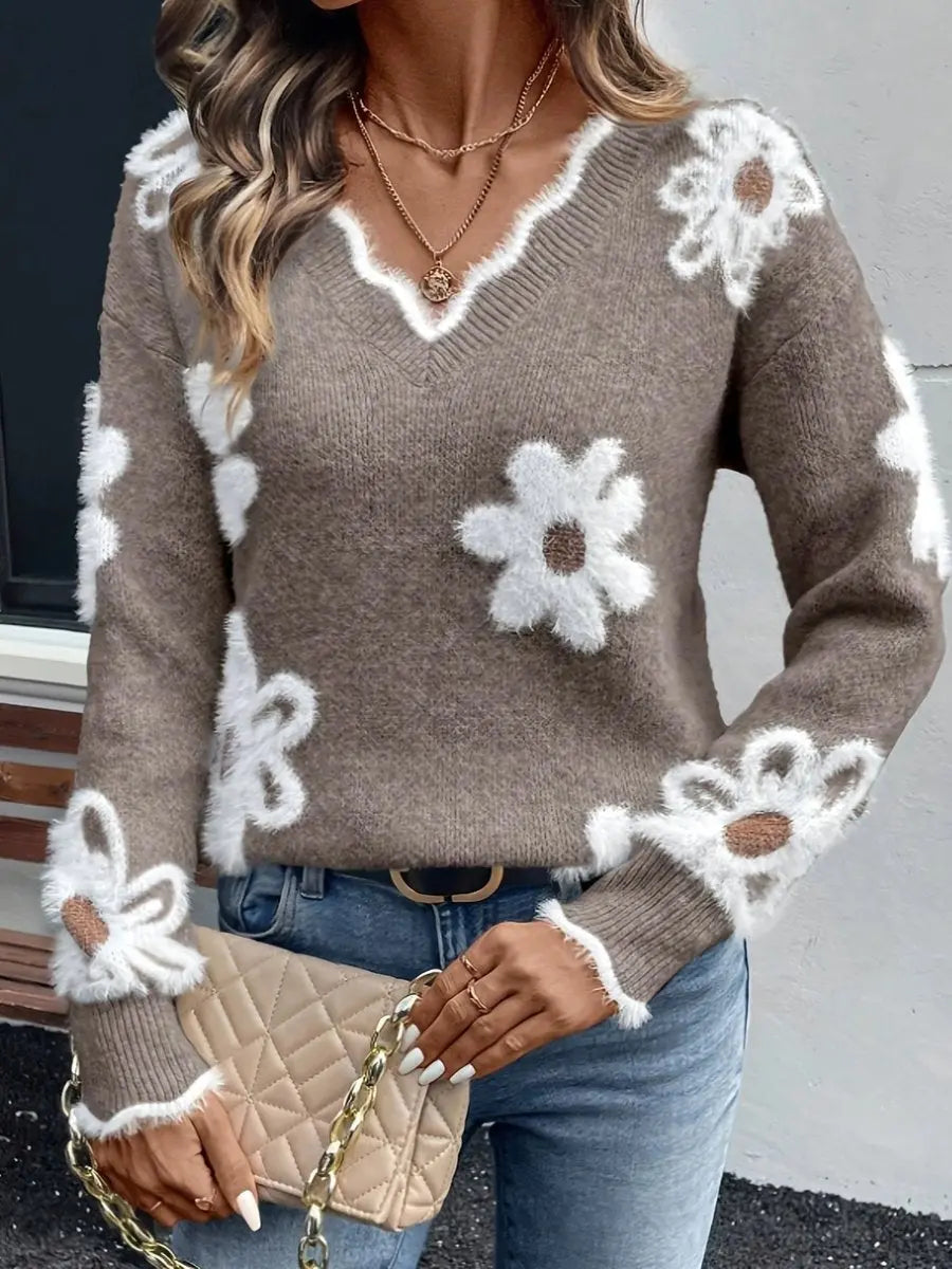 Women's Floral Daisy V-Neck Long Sleeve Knit Sweater Jumper