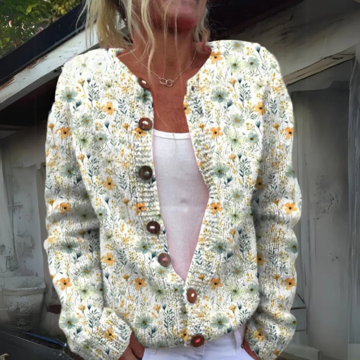 Women's Floral Knit Button-Up Cardigan Vest