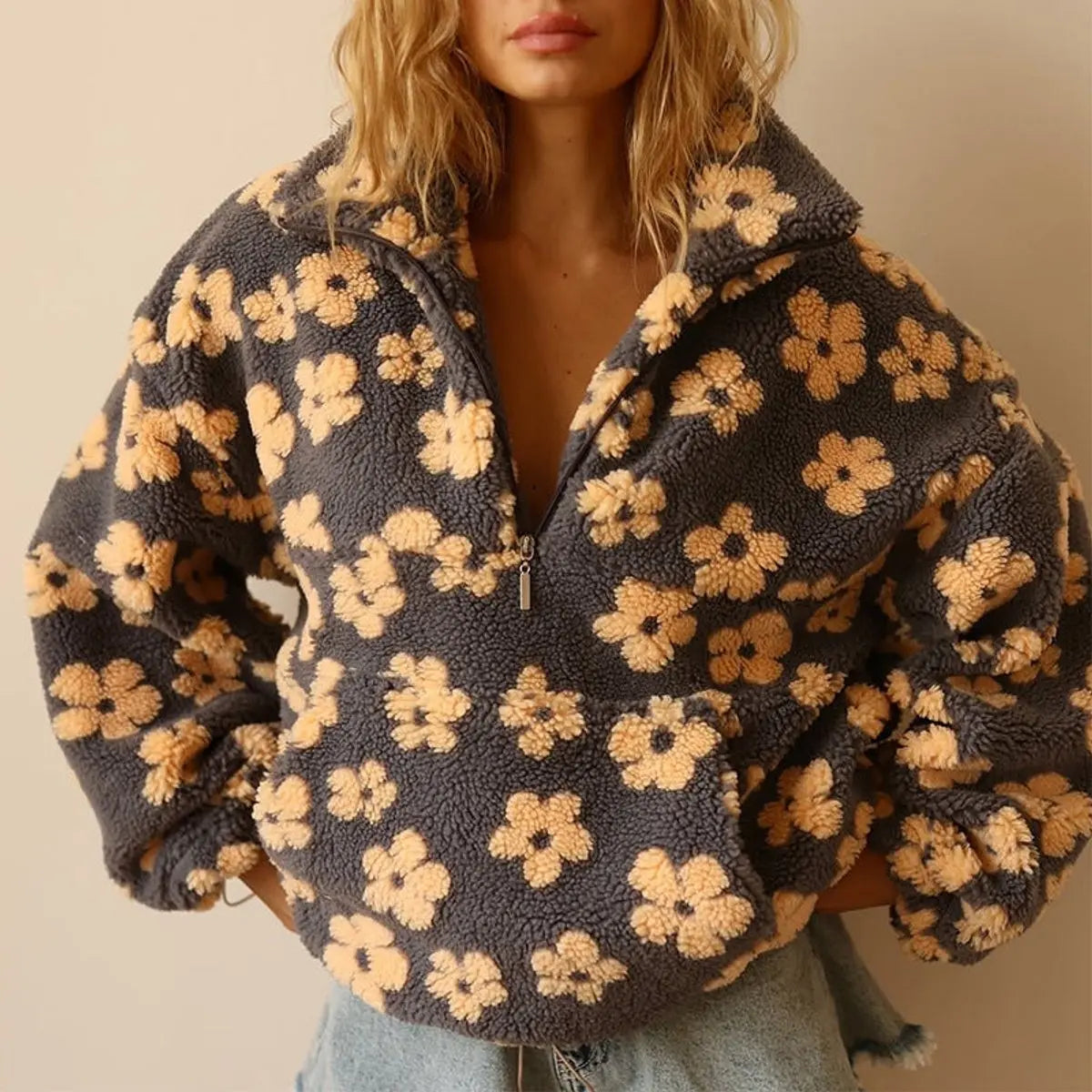 Women's Floral Sherpa Fleece Oversized Half-Zip Pullover Sweater