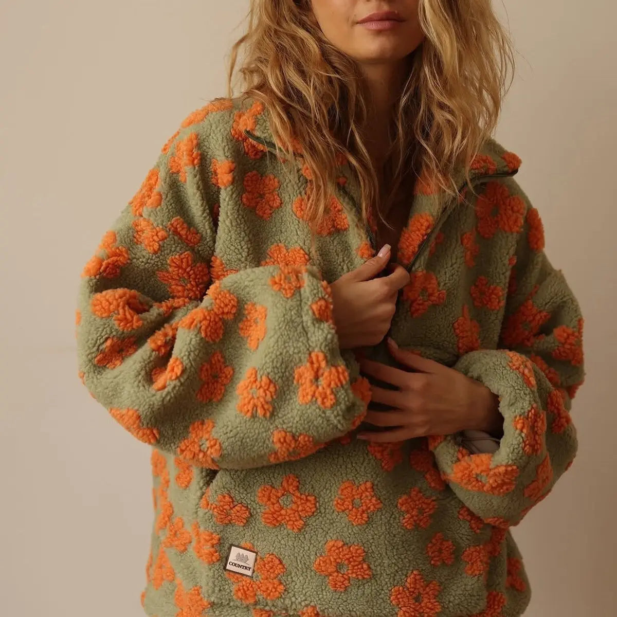 Women's Floral Sherpa Fleece Oversized Half-Zip Pullover Sweater
