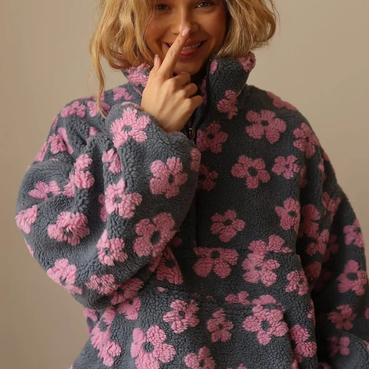 Women's Floral Sherpa Fleece Oversized Half-Zip Pullover Sweater
