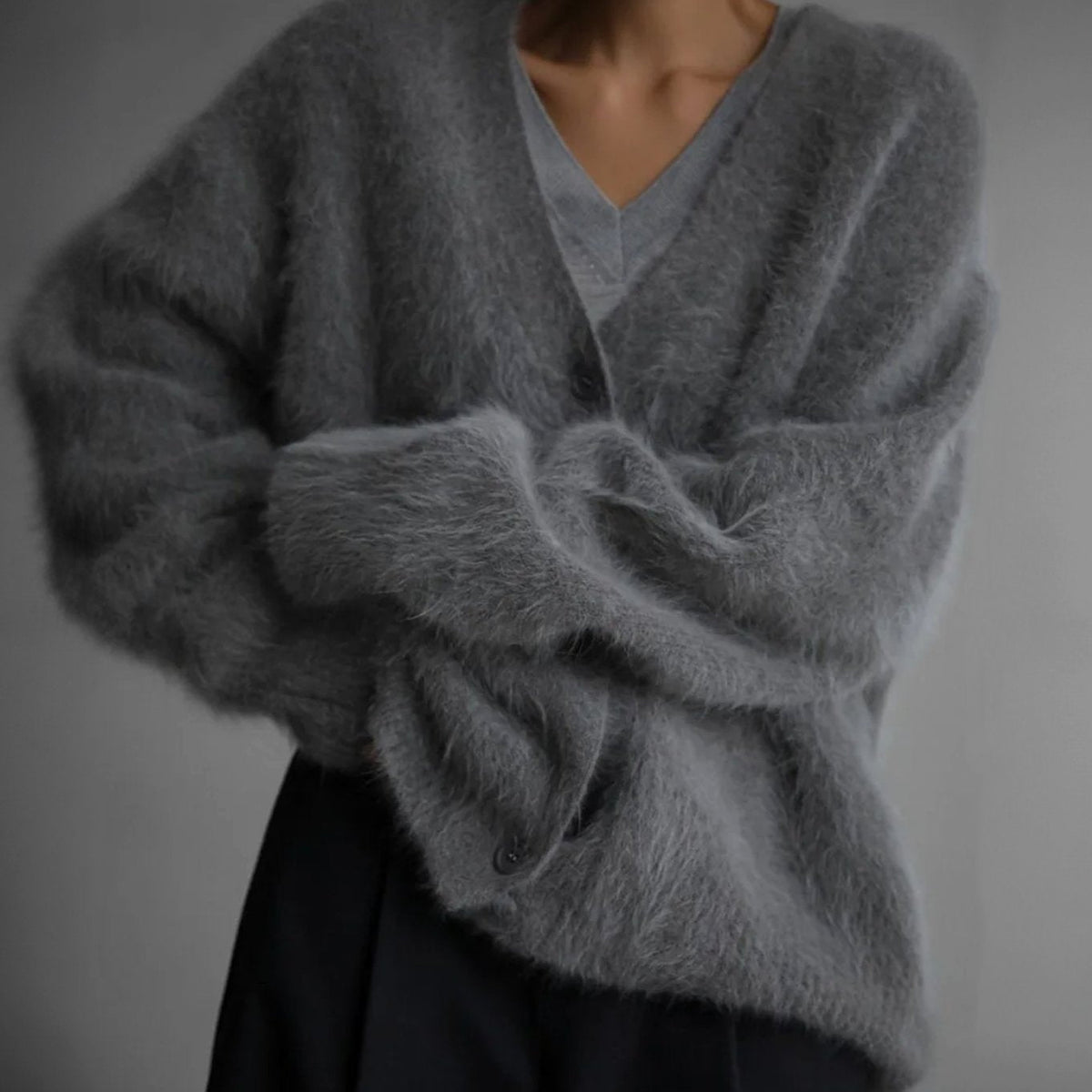 Women's Fluffy Mohair Blend V-Neck Button-Up Cardigan