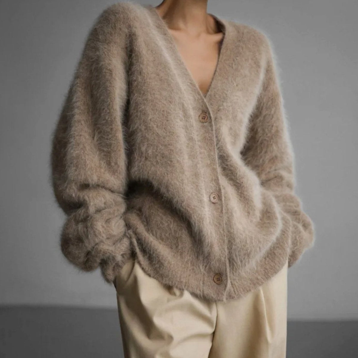 Women's Fluffy Mohair Blend V-Neck Button-Up Cardigan