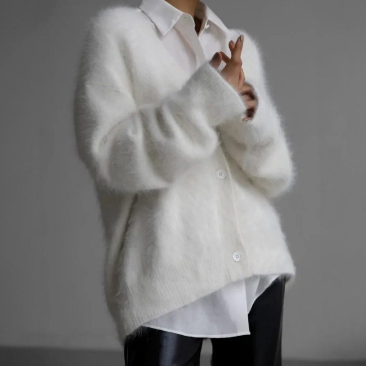 Women's Fluffy Mohair Blend V-Neck Button-Up Cardigan