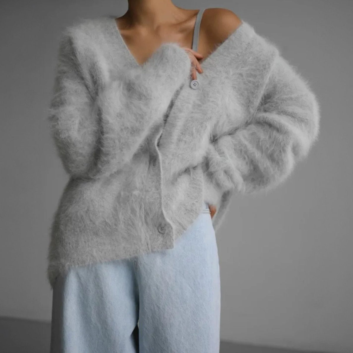 Women's Fluffy Mohair Blend V-Neck Button-Up Cardigan